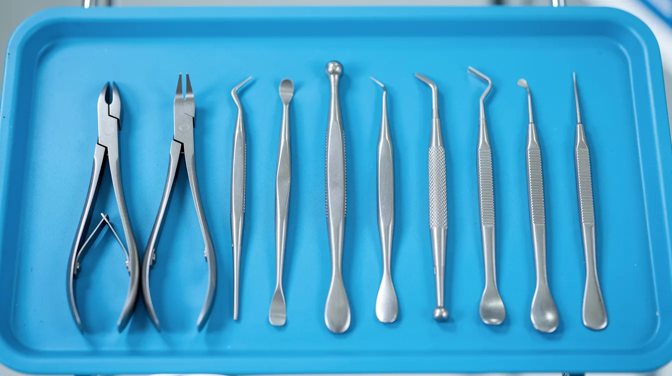 The image shows a set of stainless steel dental extraction instruments neatly arranged on a blue surgical tray, commonly used for procedures such as wisdom tooth removal and other tooth extractions. These specialized instruments are essential for performing surgical extractions and ensuring patient safety during dental treatments.