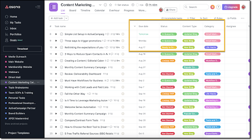 Custom fields allow you to add more detailed information in your Asana database, such as approval status, content stage or publishing date