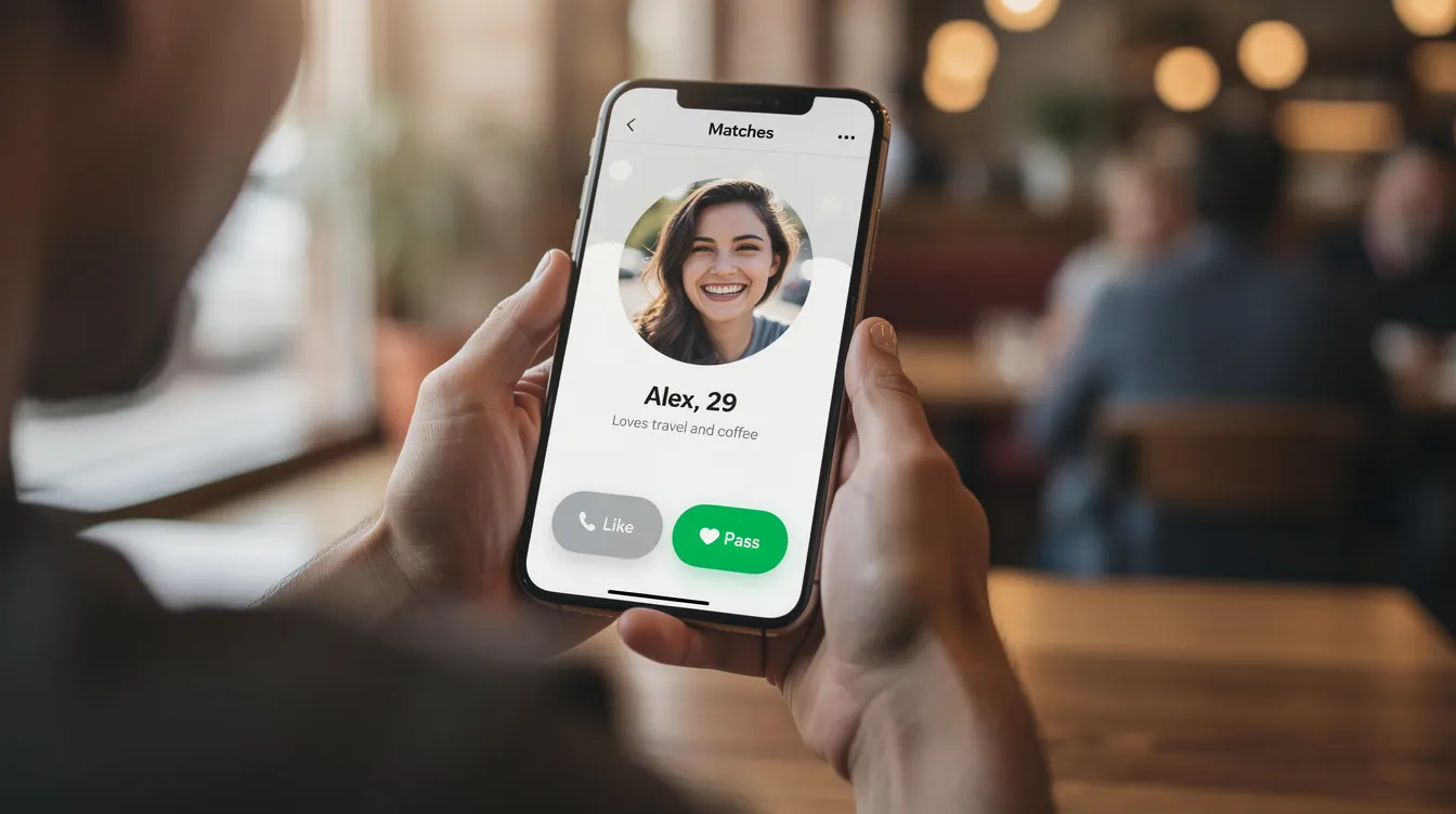 A person is holding a smartphone displaying a dating app interface, which suggests they are exploring potential romantic relationships. The screen showcases profiles that highlight the importance of shared values and effective communication in building a healthy relationship.