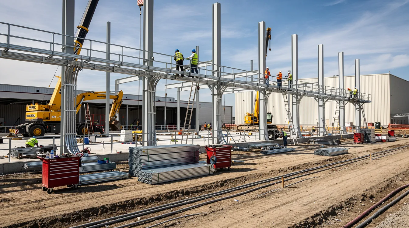 Industrial construction site with heavy equipment, steel columns, and conduit installation underway.
