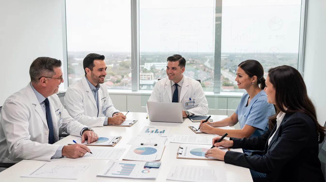 The image shows a dental practice team gathered in a meeting room, engaged in a discussion about business documents related to dental billing and insurance coverage. They appear focused on reviewing financial health and the billing process for dental services and procedures.