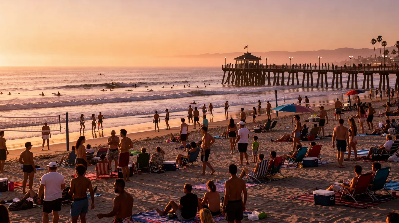 The image depicts a crowded Southern California beach at sunset, with large groups of young adults gathered near the Newport Pier area, enjoying the Fourth of July celebrations. The scene captures the vibrant atmosphere filled with people, highlighting the festive yet chaotic nature of the holiday weekend.