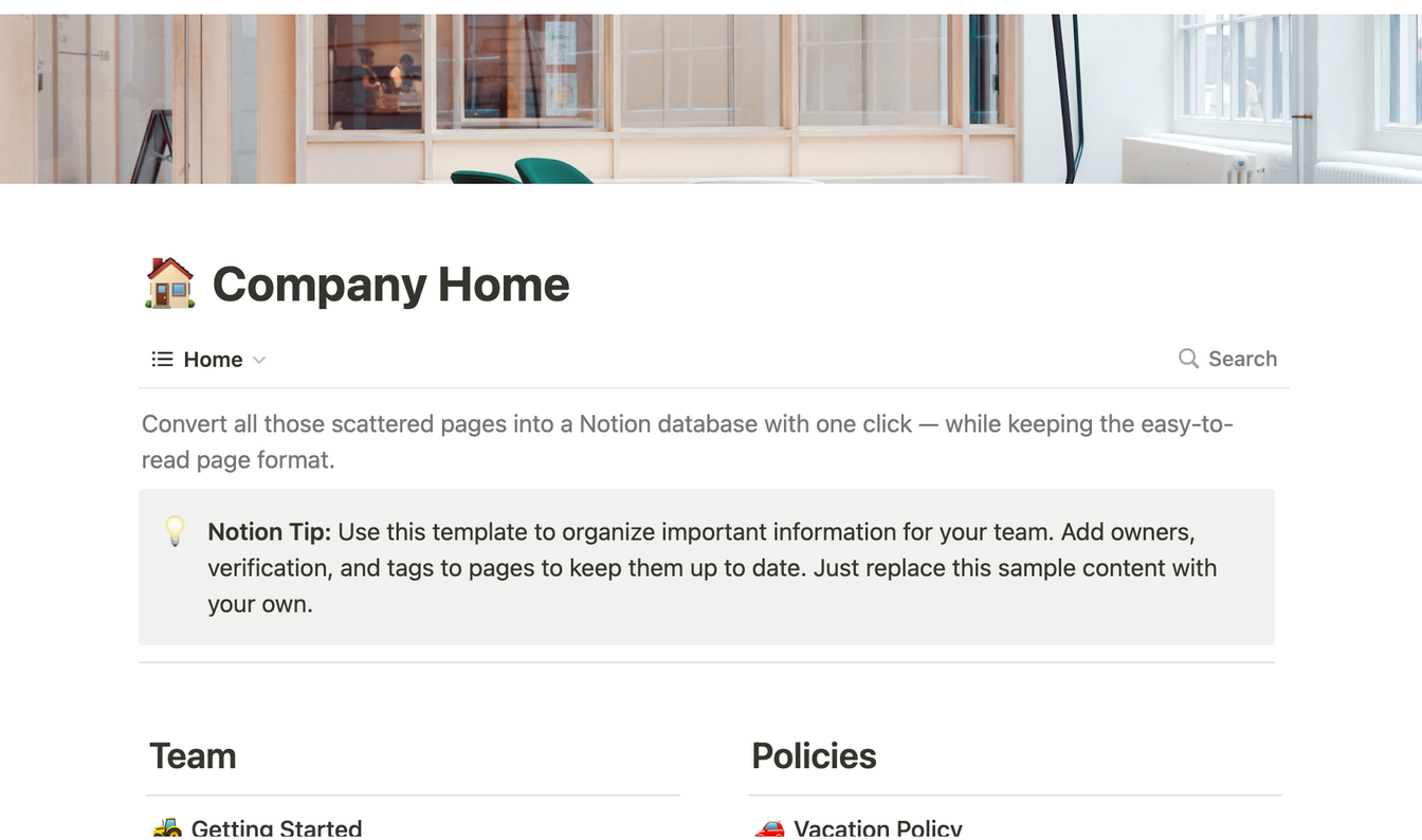 A screenshot of a company home template for Notion
