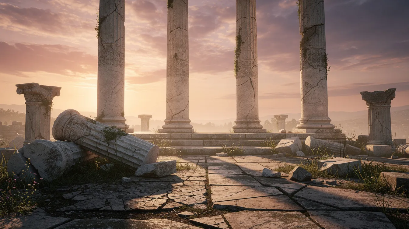 The image showcases ancient Roman ruins featuring majestic columns silhouetted against a vibrant sunset sky, evoking the grandeur of the Roman Empire. The scene captures the historical essence of Ancient Rome, where monumental architecture stood as a testament to its rich legacy and influence on currency, including the famous silver denarius.