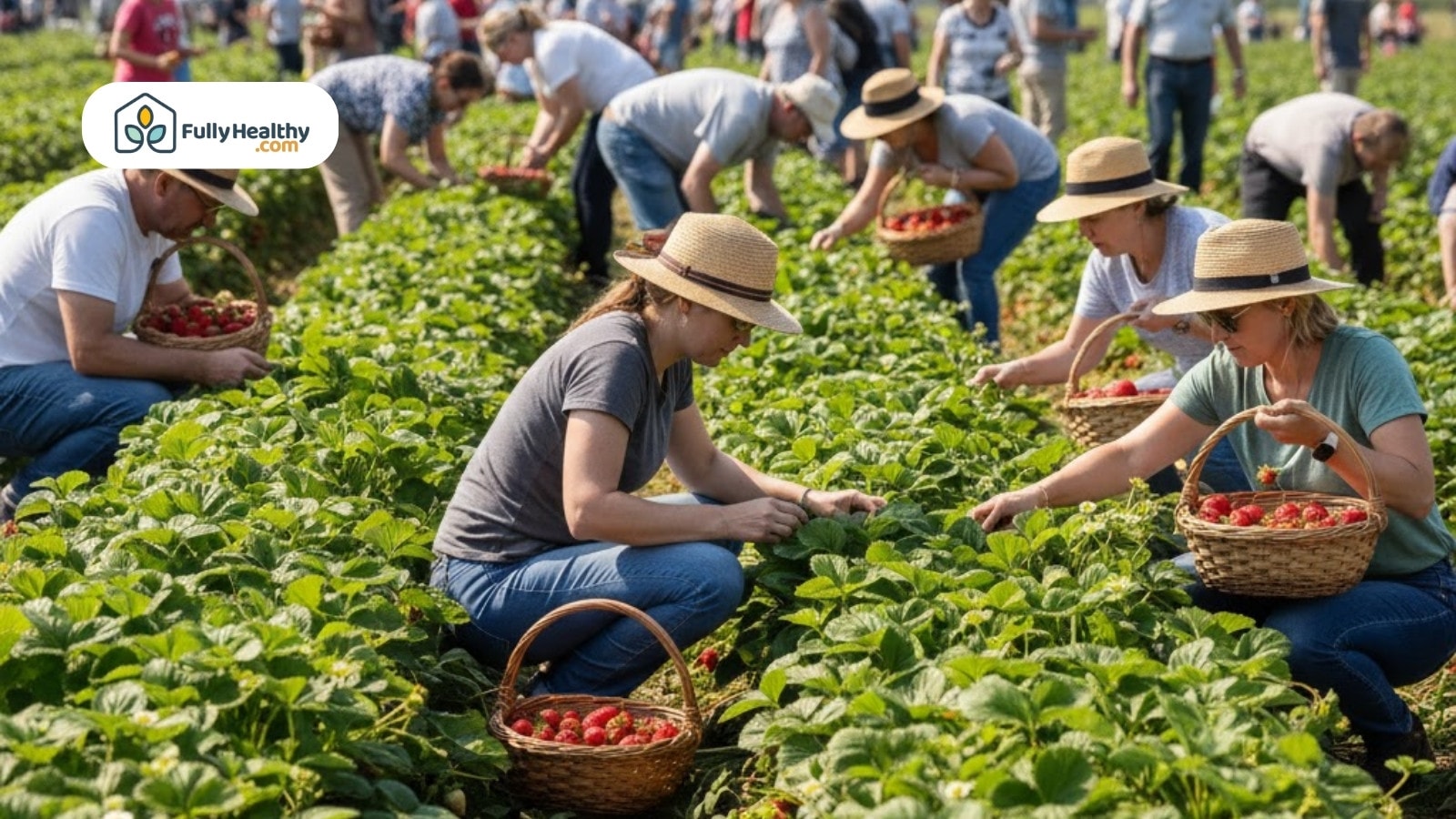 People harvesting ripe strawberries together in a sunny open field