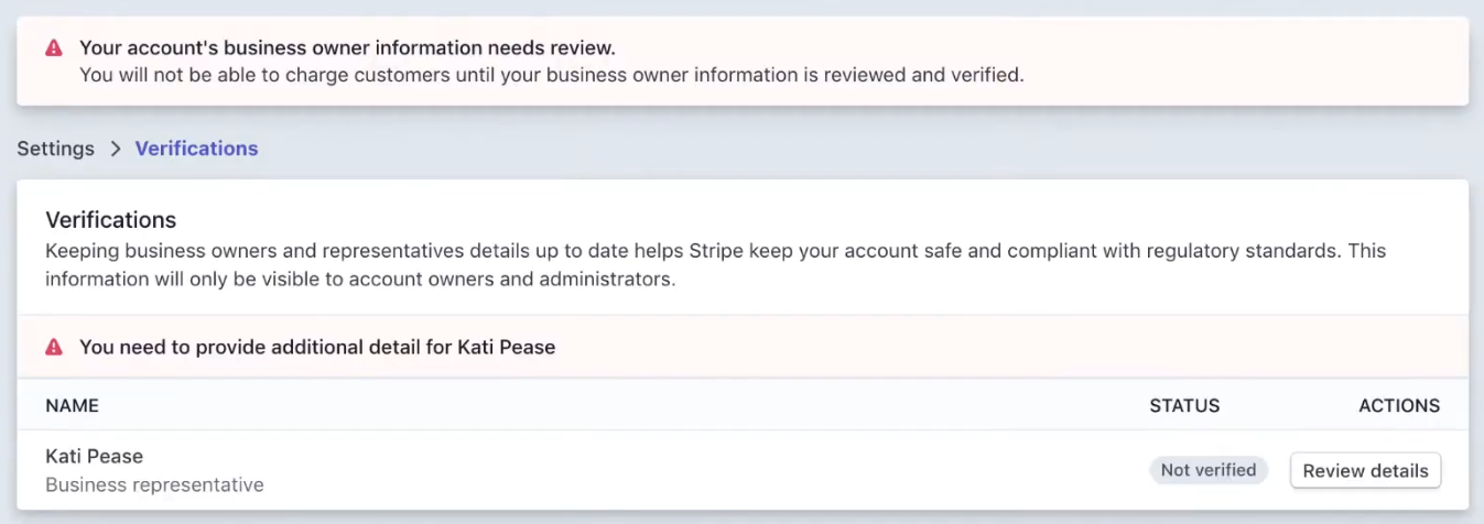 A screenshot of a Stripe account with verification issues.