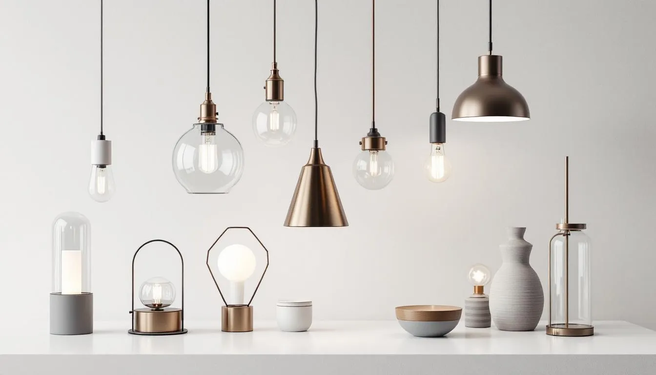 Various stylish light fixtures, including pendant lights and table lamps, showcasing affordable upgrades.