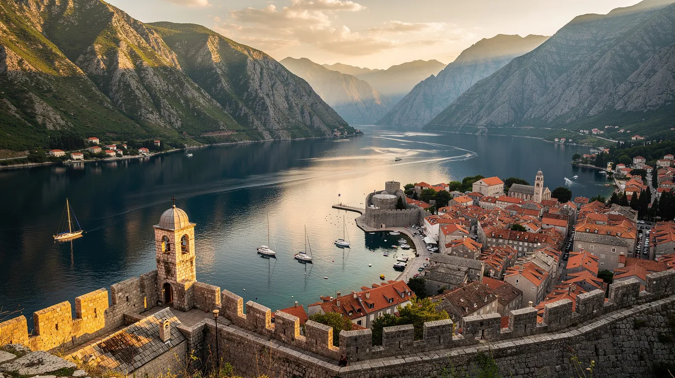 A imagem mostra a bela cidade de Kotor, em Montenegro, com suas montanhas majestosas ao fundo e a baía de Kotor em primeiro plano. Destacam-se a igreja de São Nicolau e a ilha de São Jorge, que fazem parte da rica história e cultura dessa região encantadora.