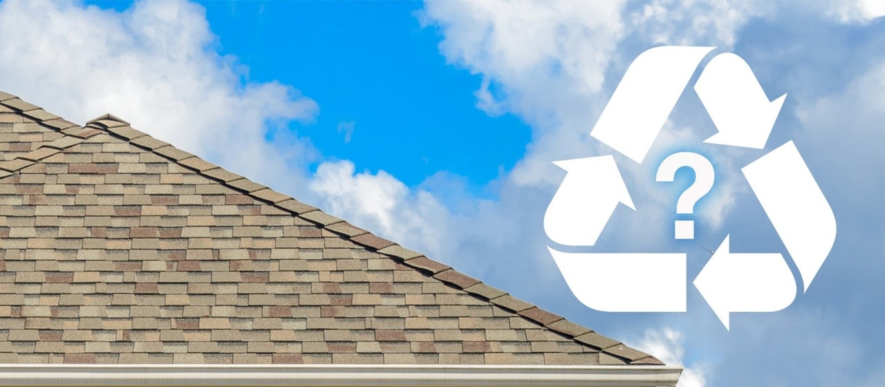 A picture of the corner of a roof against a blue sky with clouds. On the right-hand side is the recycling symbol with a question mark in the middle.