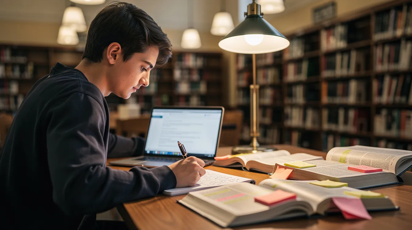 A student is seated at a library desk, focused on their laptop while surrounded by open textbooks, embodying the dedication required for completing an associate of arts degree. This scene highlights the importance of critical thinking and lifelong learning in higher education as the student prepares for their future career goals.