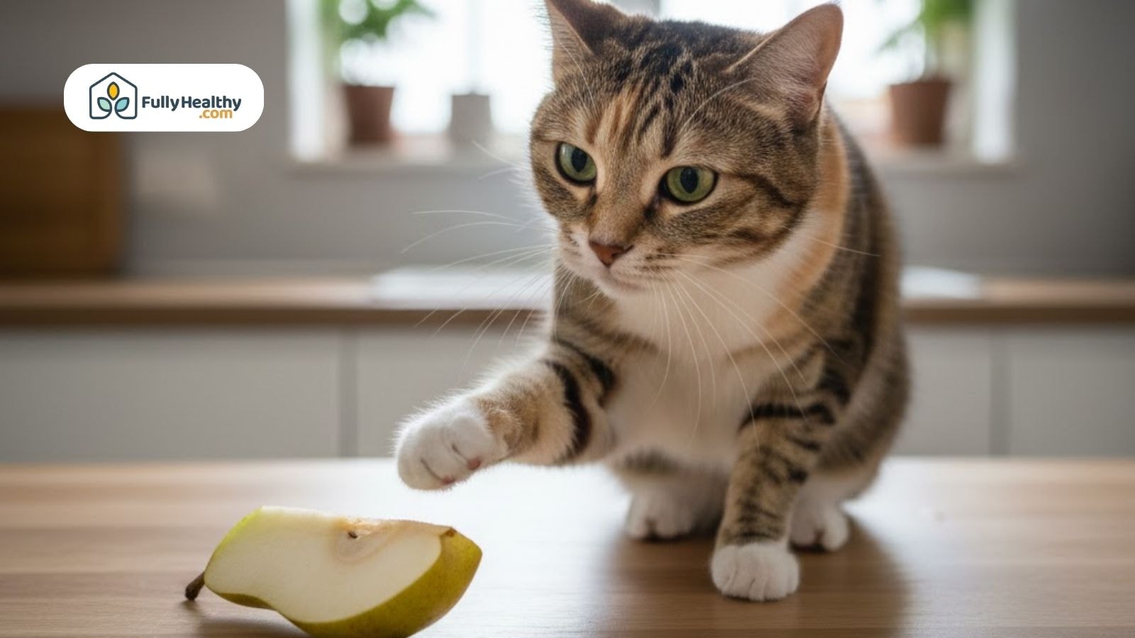 Tabby cat reaching toward a slice of pear on a kitchen counter near a window and plants.