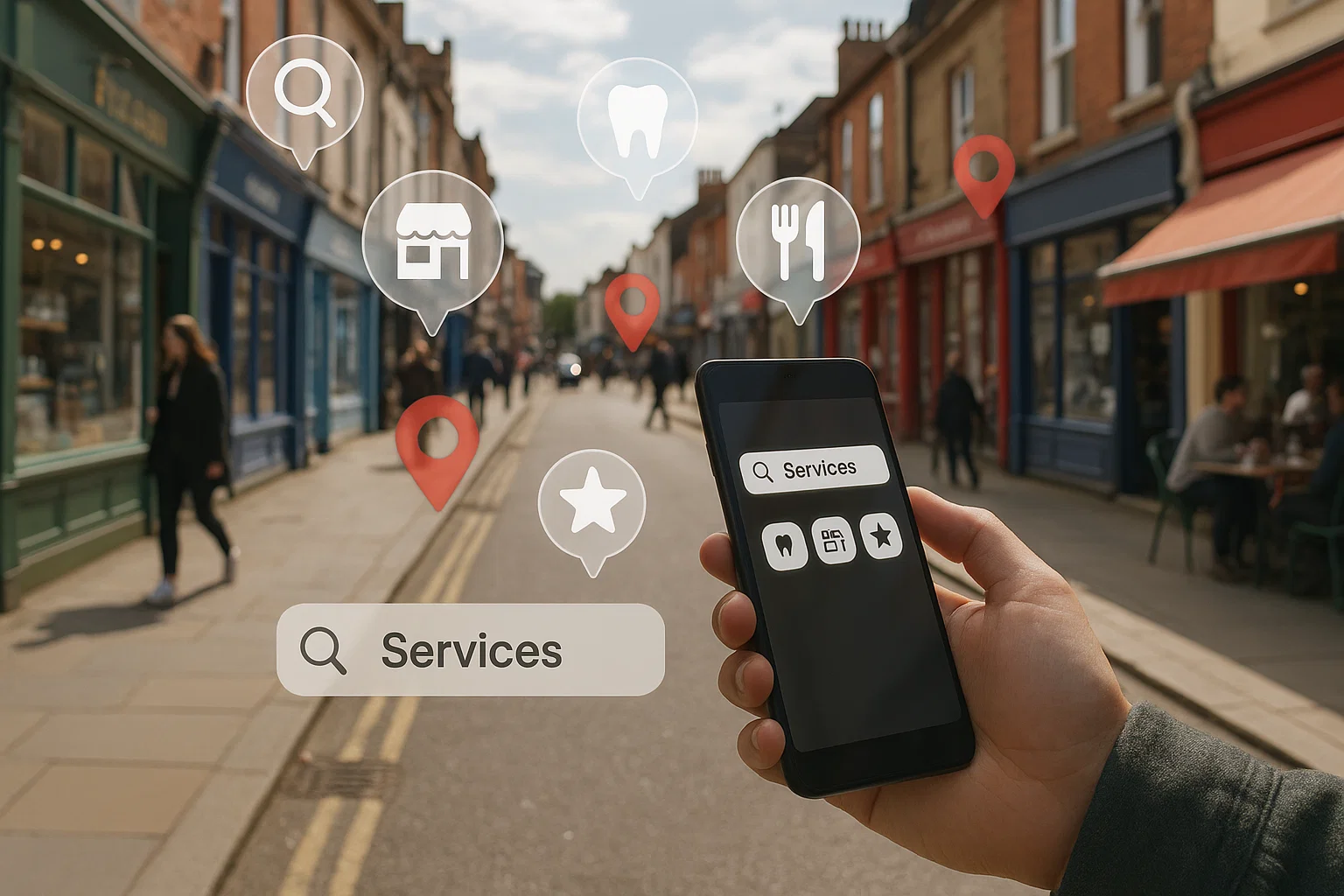 Person searching for local services on a smartphone while walking down a UK high street.