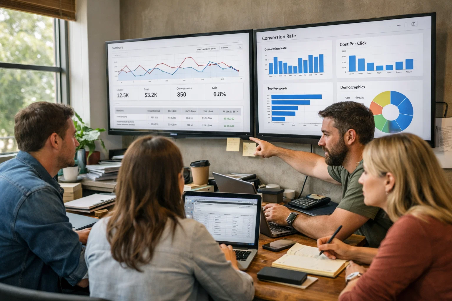 PPC specialists analysing campaign performance and paid advertising data in a Manchester office.