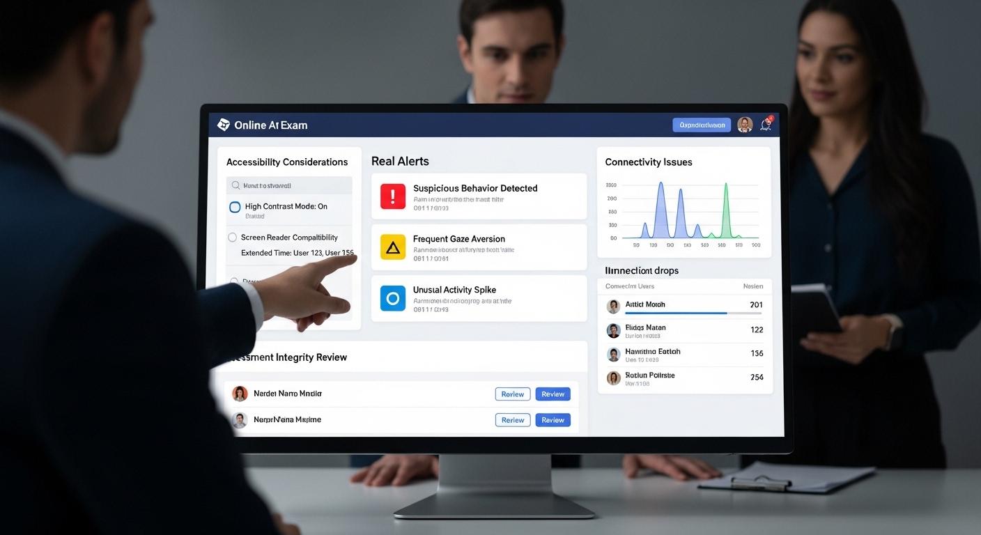 Online exam dashboard displaying AI-generated alerts, connectivity issues, and accessibility considerations while administrators review assessment integrity