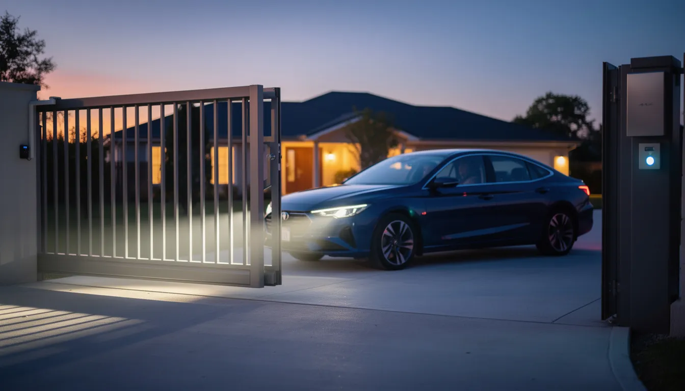A family car is driving through an open automatic sliding gate at dusk, with the silhouette of a house and a new fence visible in the background. The scene captures the security and convenience of driveway gates, enhancing the peaceful ambiance of the Coburg North area.