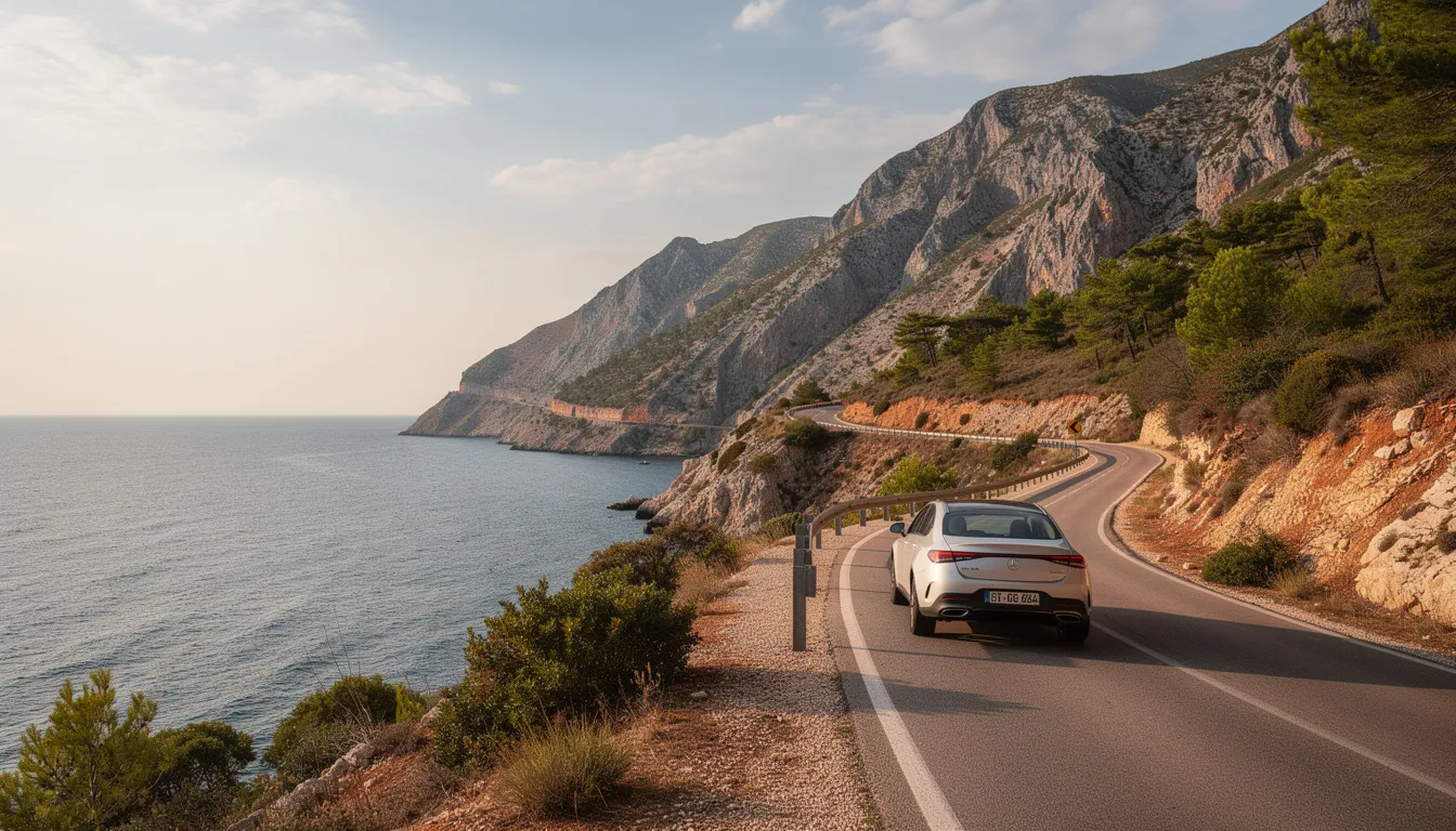 Une voiture de location, probablement un SUV comme une Suzuki Vitara, roule le long d'une route côtière en Croatie, offrant une vue imprenable sur la mer Adriatique et les montagnes environnantes. Ce paysage pittoresque est idéal pour un road trip à travers les magnifiques villes croates.