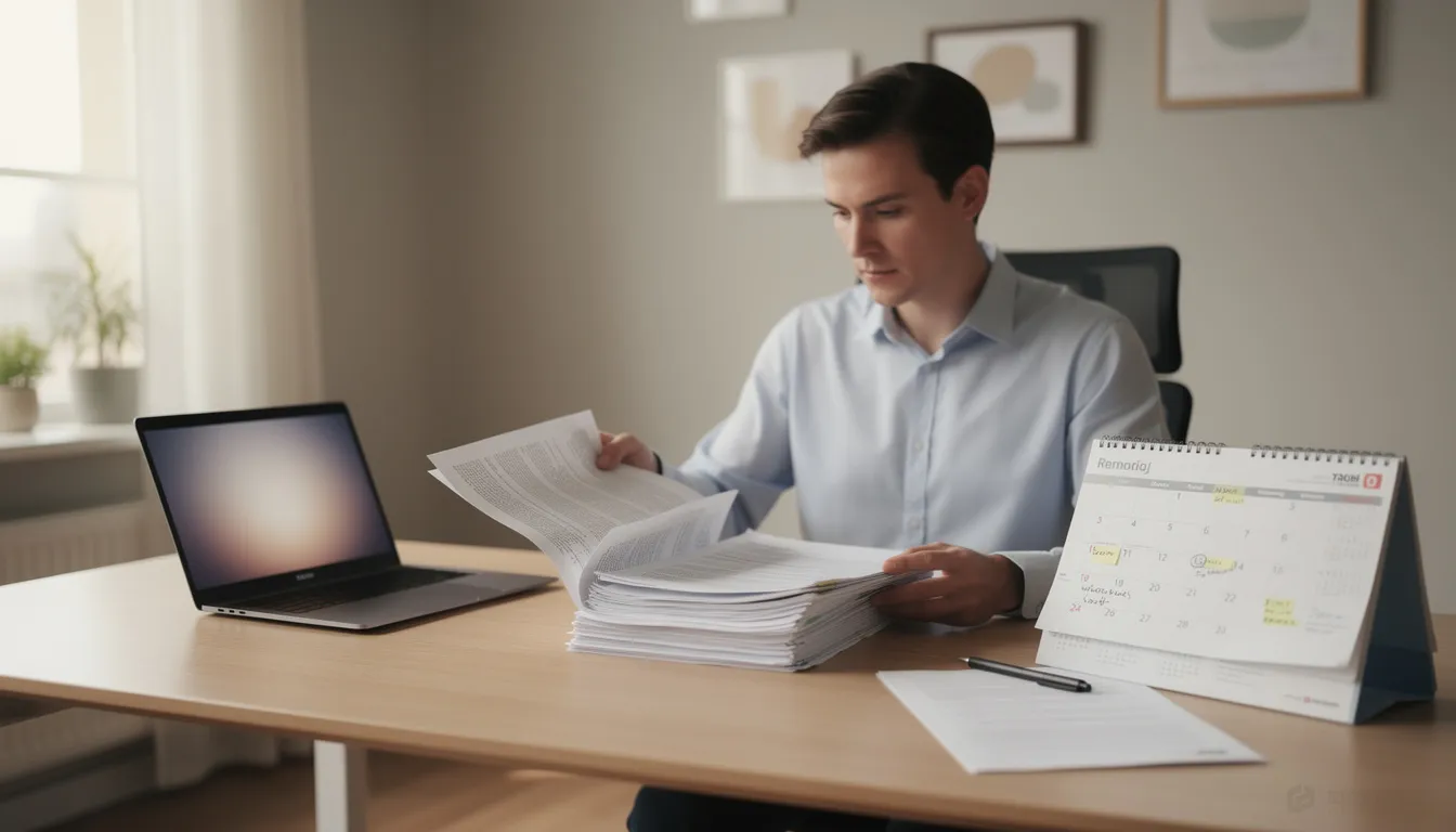 A person is seated at a desk, reviewing documents with a laptop and a calendar in view, possibly assessing their holiday entitlement and employment contract details. The workspace suggests a focus on important employment matters, such as notice periods and statutory leave.