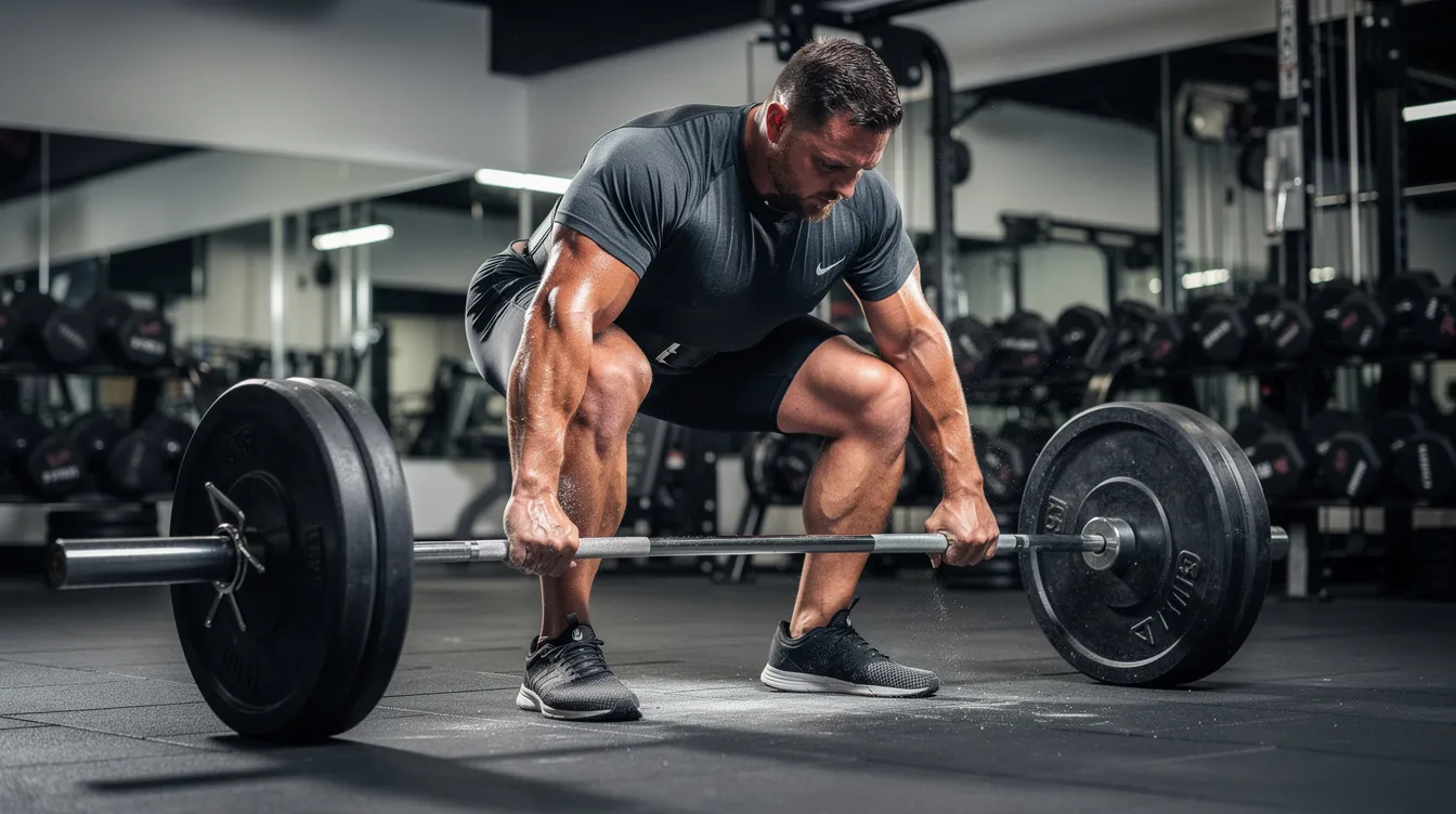 A strong male athlete is performing a heavy deadlift in a well-equipped gym, with chalk visibly on his hands, showcasing his power and strength output. This intense training session highlights his dedication to building lean muscle and improving overall performance, potentially supported by testosterone boosters for increased muscle mass and vitality.