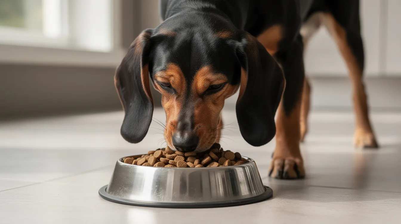 A black and tan coonhound with rich tan markings is happily eating high-quality kibble from a dog bowl, showcasing its dense coat and droopy ears. The scene captures the dog's good-natured personality as it enjoys its meal.