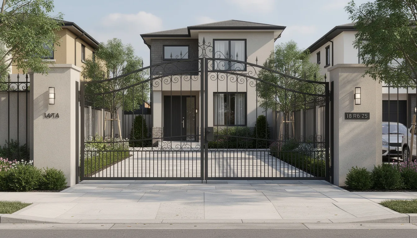 The image depicts a residential driveway featuring an elegant iron swing gate, set in an urban neighborhood. This automatic gate enhances security and convenience, showcasing the quality of gate installations available in Brooklyn.
