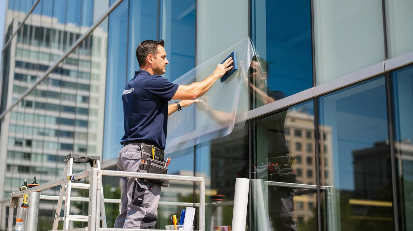 A technician in professional attire is meticulously applying window film to the glass exterior of a modern commercial office building, showcasing the importance of property management in enhancing the aesthetic and energy efficiency of real estate. This service aligns with the franchise model, emphasizing the potential for real estate professionals to invest in service-based franchises that cater to the commercial sector.