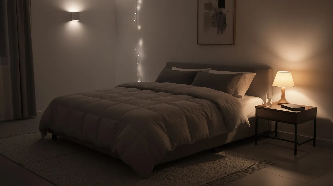 The image depicts a comfortable bedroom featuring a nightstand and dim lighting, creating a relaxed atmosphere ideal for sleep. This serene setting is perfect for individuals seeking to improve their sleep health or undergoing an at home sleep test for diagnosing conditions like obstructive sleep apnea.