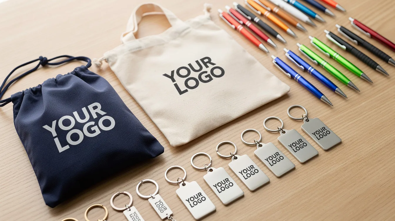Na stole rozłożone są różnorodne gadżety reklamowe, w tym długopisy, torby i breloki, które mogą być świetnym podarunkiem dla klientów i partnerów biznesowych. Te nietypowe akcesoria reklamowe z logo firmy przyciągają uwagę i pomagają w budowaniu pozytywnego wizerunku marki.
