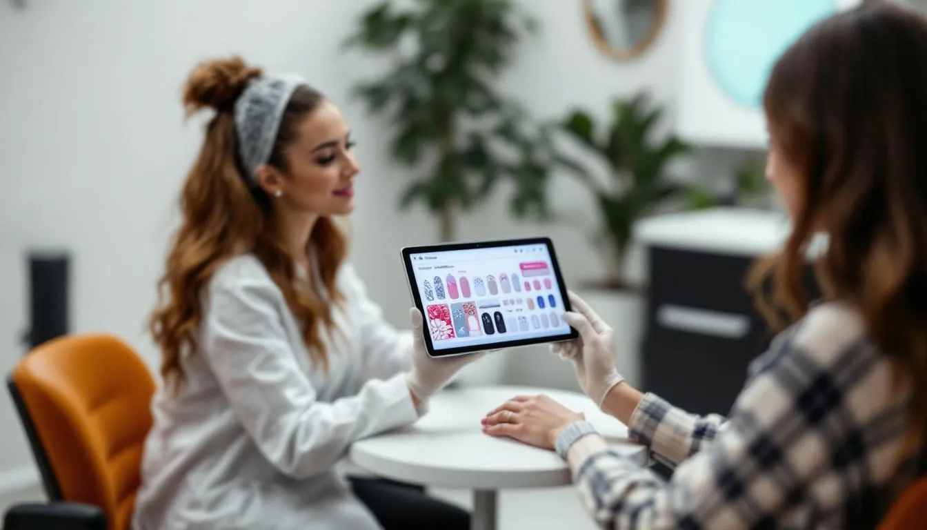 En la imagen, una manicurista sostiene una tablet mientras muestra diferentes opciones de diseños de uñas a una clienta en un salón de uñas. La tablet sirve como herramienta para ayudar a la cliente a elegir entre varios estilos y colores disponibles para su manicura.