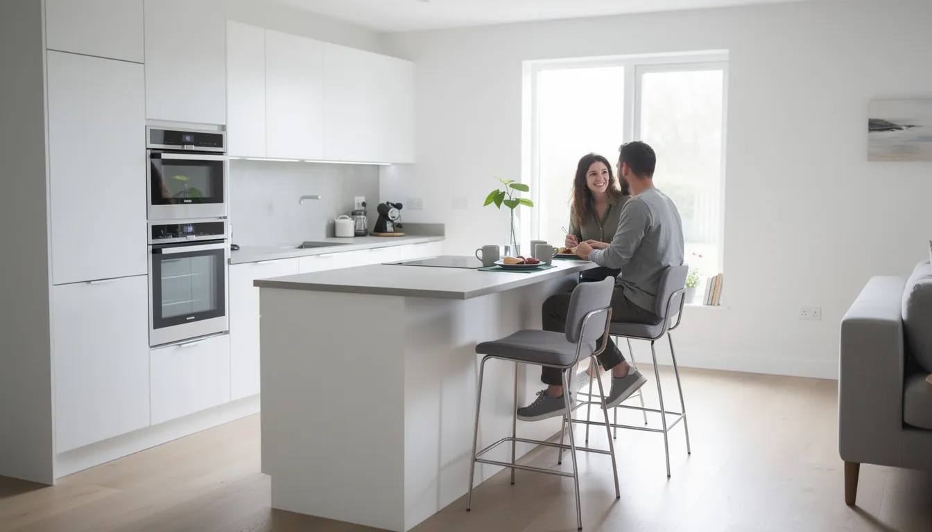 In een moderne keuken met een smal bargedeelte zitten twee mensen gezellig aan een ronde tafel te ontbijten. De lichte kleuren en de ranke poten van de tafel creëren een gezellige sfeer in deze compacte ruimte.