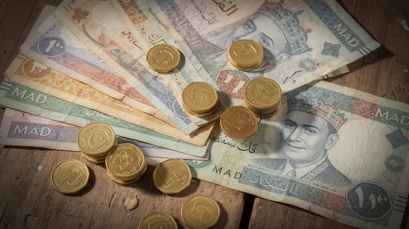 The image features a vibrant array of Moroccan dirham banknotes and coins scattered across a wooden surface, showcasing Morocco's official currency in various denominations. This colorful display highlights the modern coinage and banknotes that travelers may encounter while exploring major cities like Marrakech and Casablanca.