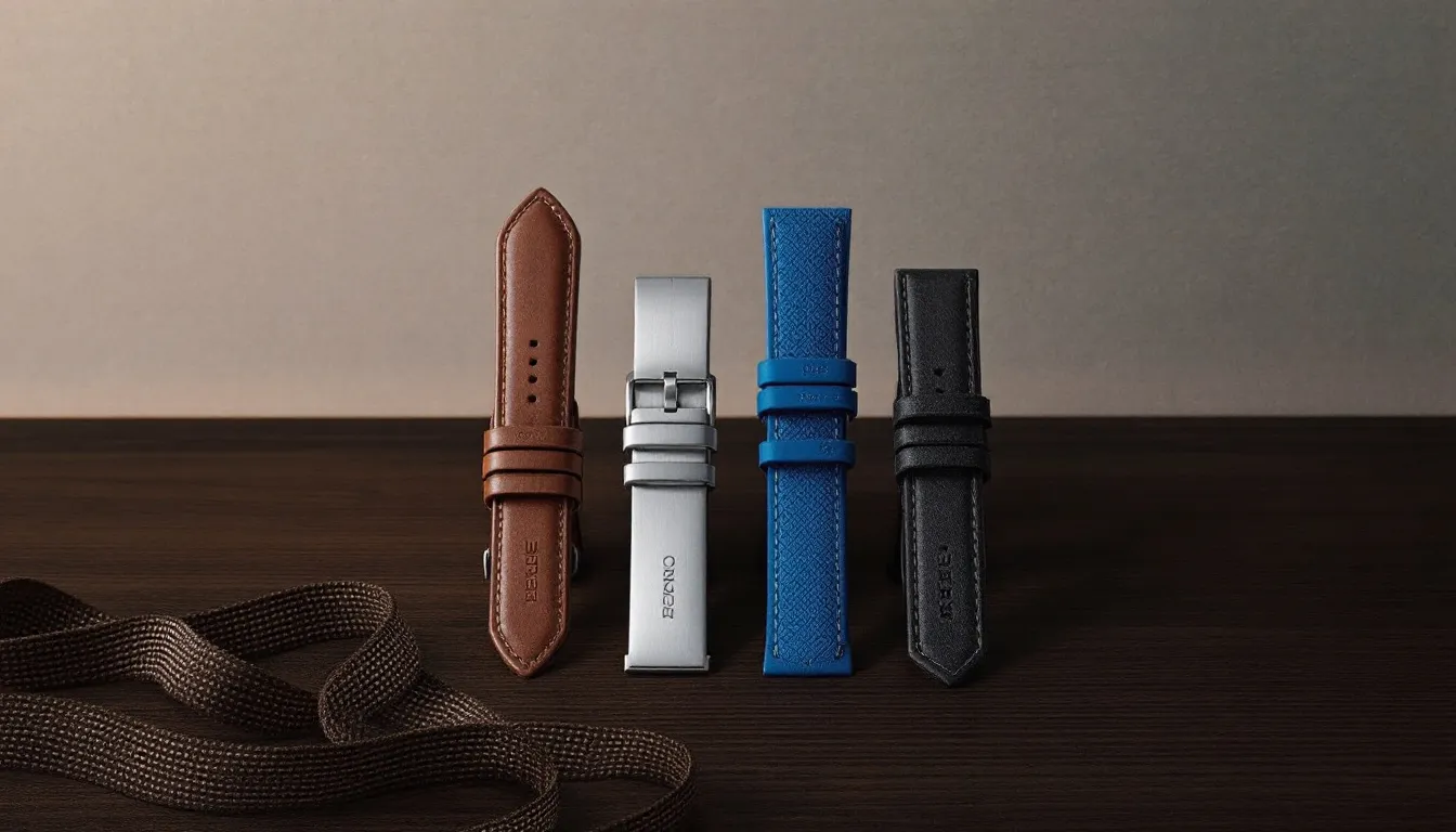 A selection of various Seiko watch straps including leather and metal options.