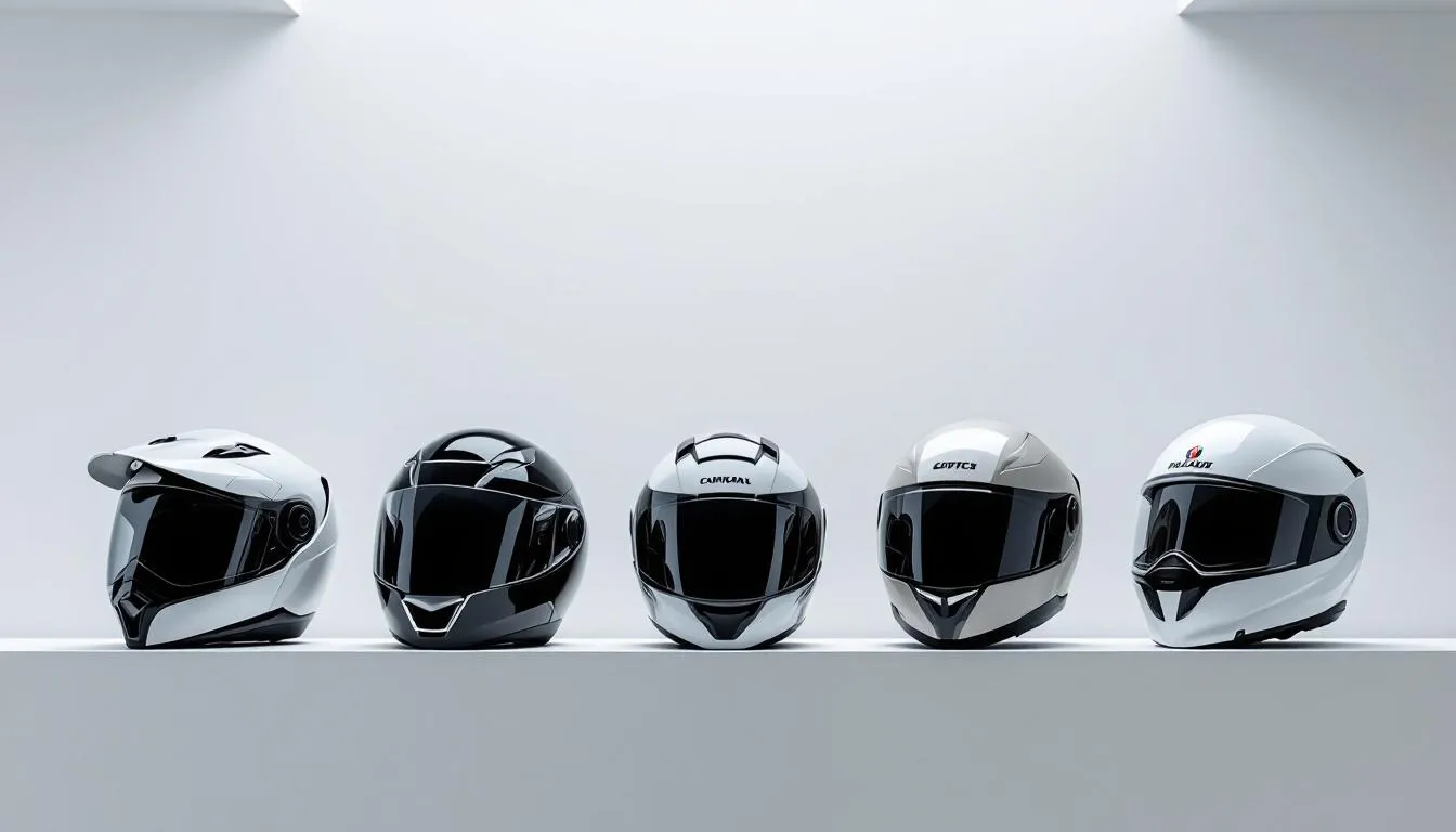 Top brands of motorcycle helmets showcased in a store.
