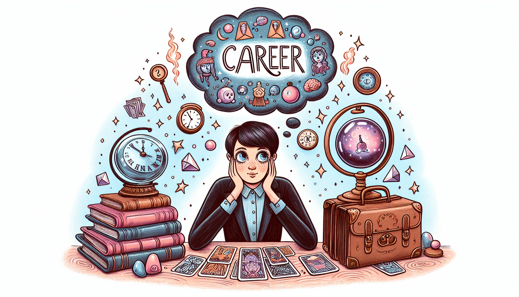 Whimsical illustration of a person preparing for a career psychic reading