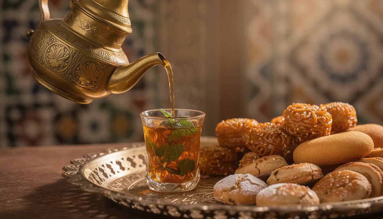 A beautifully ornate brass teapot pours traditional Moroccan mint tea into delicate glasses, accompanied by a selection of sweet pastries, inviting viewers to savor the culture of Morocco. This scene captures the essence of local Moroccan tours, offering an unforgettable experience of the country's rich culinary traditions.