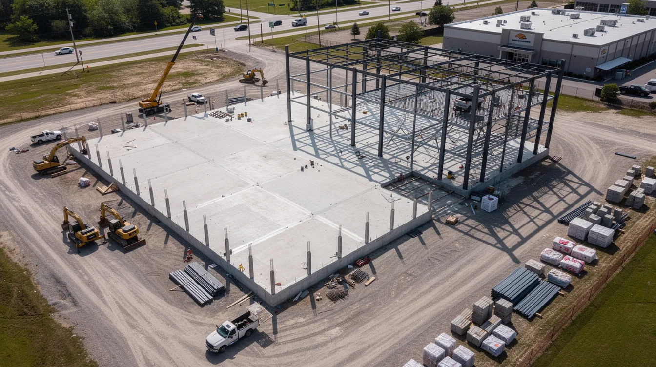 An aerial view captures a large concrete foundation and steel structure under construction on a cleared commercial site, surrounded by construction vehicles and materials. This scene highlights the essential elements of project controls in construction, showcasing the ongoing efforts of project managers and teams to ensure successful project delivery and effective resource allocation.