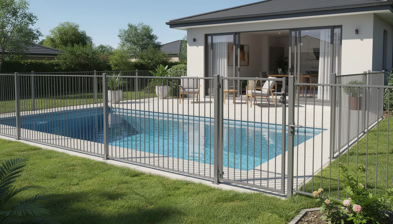 The image depicts a residential backyard featuring a swimming pool enclosed by a compliant pool fence and gate, ensuring safety and compliance with local council regulations. The existing fence is designed to restrict access to the pool area, providing security for property owners and adhering to fencing regulations in the Wellington region.