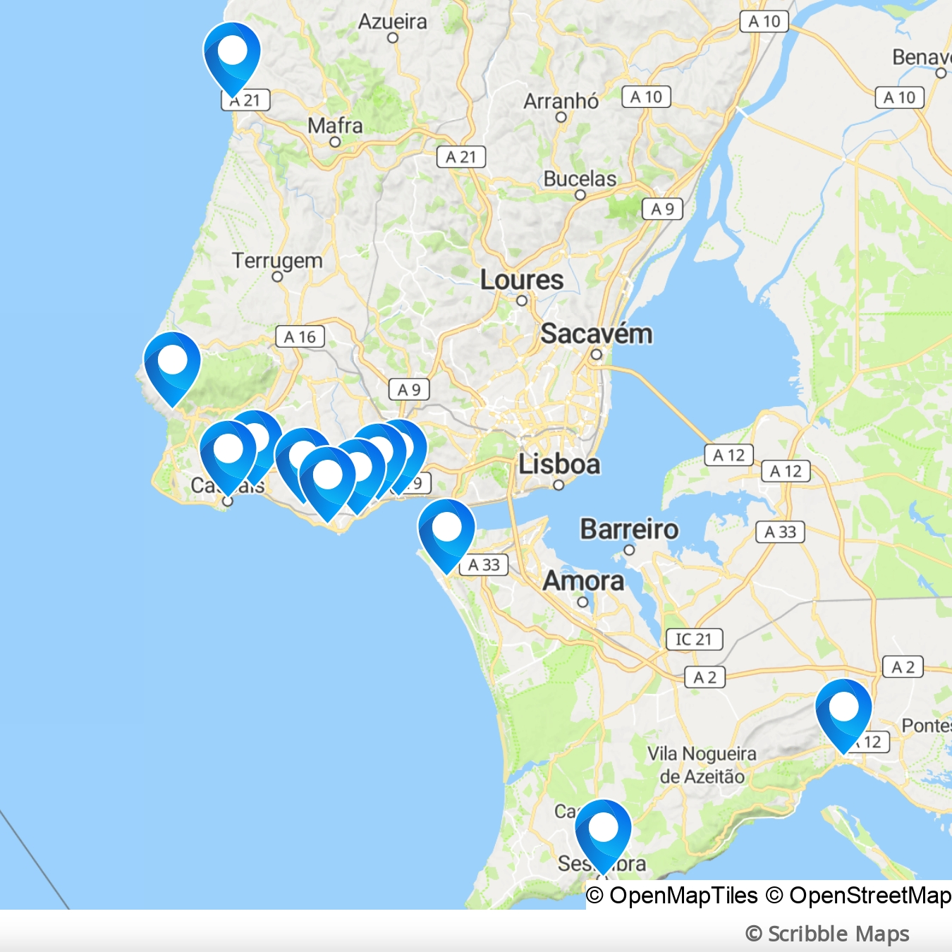 Map of all towns with the best beaches near Lisbon, Portugal