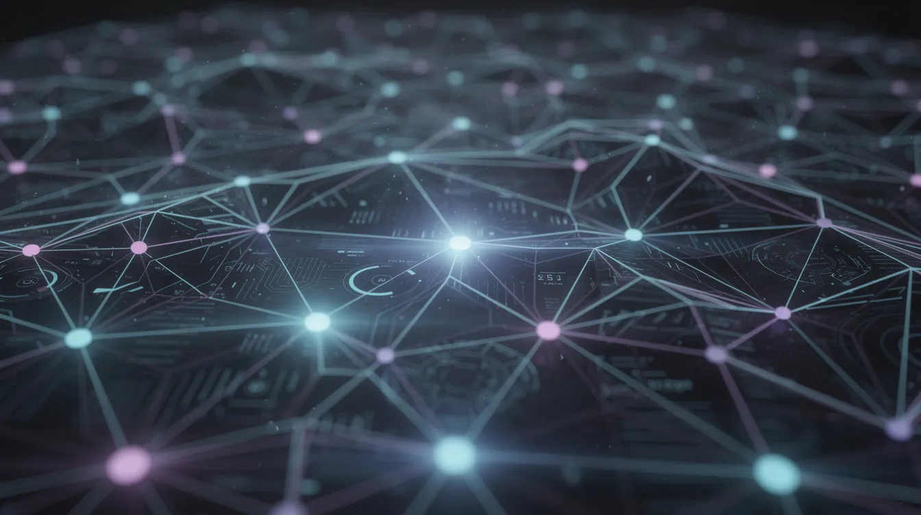 The image depicts an intricate web or network structure with glowing nodes symbolizing connections within biological systems, reflecting the complexity of the aging process in the human body. This representation highlights the importance of factors such as cellular senescence, intercellular communication, and mitochondrial function in understanding human health and longevity.