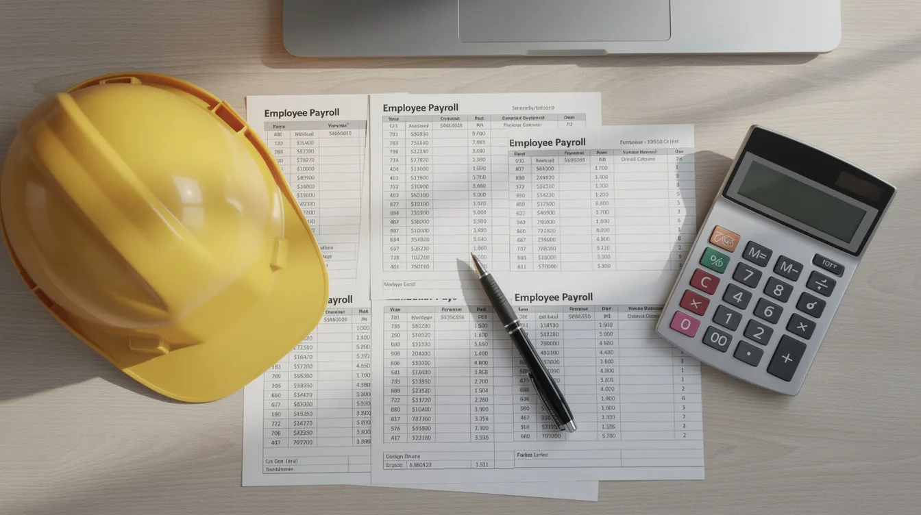 The image depicts an office desk cluttered with payroll documents, a calculator, and a construction hard hat, symbolizing the essential tools for managing prevailing wage compliance in the construction industry. These items reflect the importance of adhering to the Pennsylvania prevailing wage act and maintaining detailed payroll records for publicly funded projects.