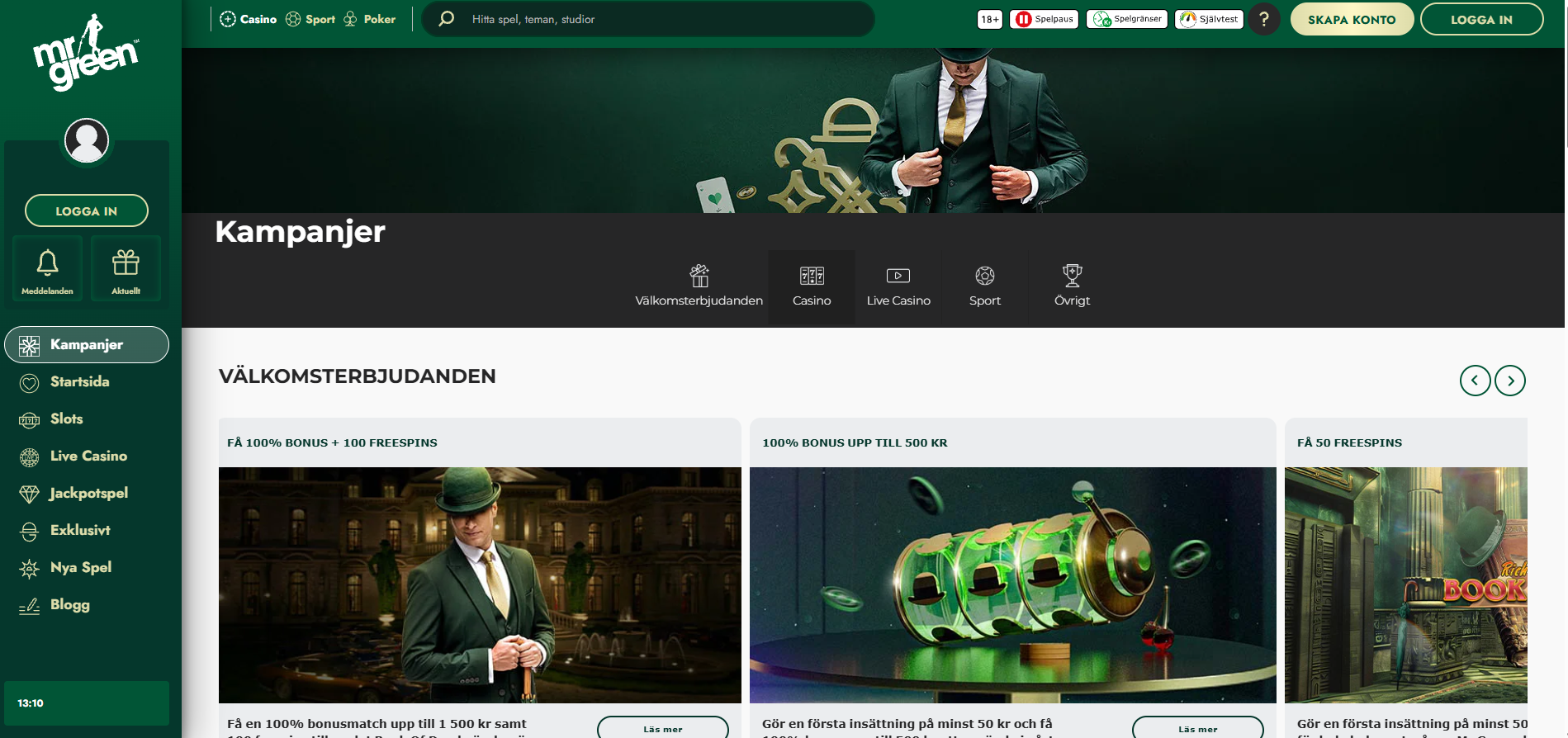 Mr Greens kampanjsida med bonusar och freespins.
