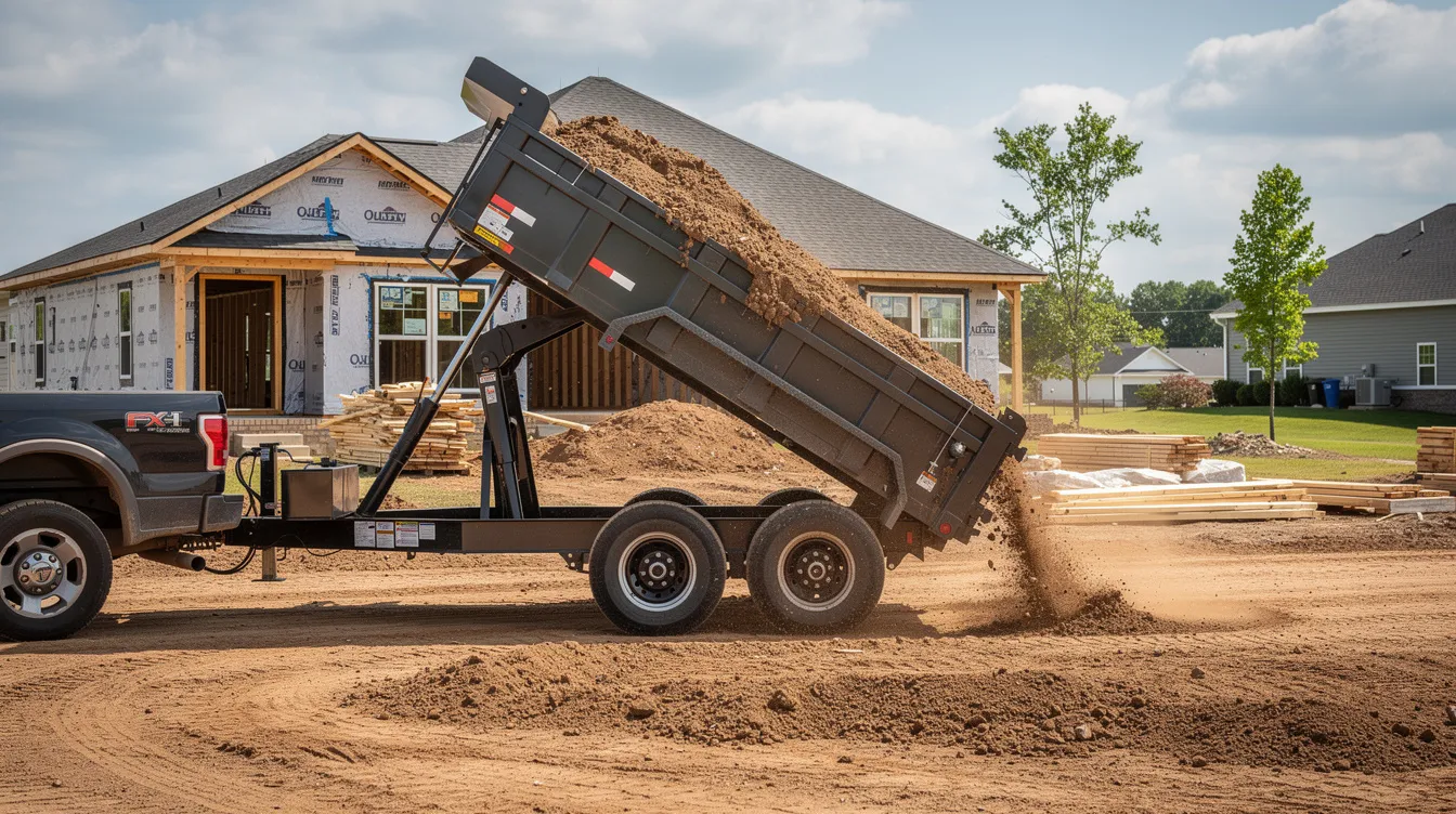 A heavy-duty dump trailer with its bed raised is parked on level ground, actively unloading a load of dirt at a residential job site. The trailer's reliable design is ideal for hauling construction debris and soil, showcasing its payload capacity and versatility for various applications.