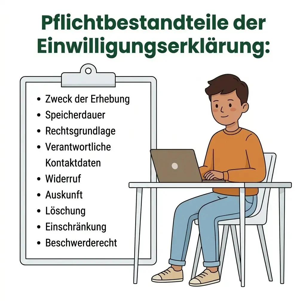 Übersicht der Pflichtbestandteile einer Einwilligungserklärung mit Zweck der Erhebung, Speicherdauer, Rechtsgrundlage, Kontaktdaten und Betroffenenrechten