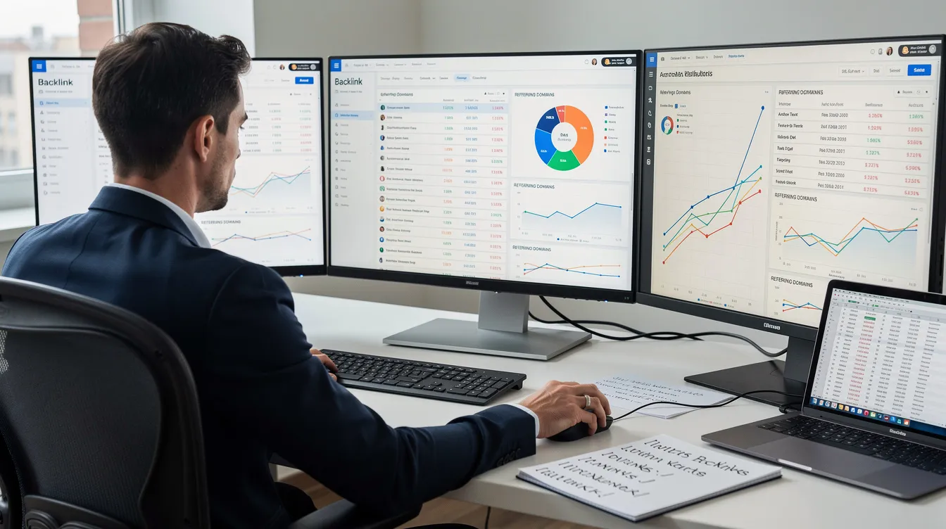An SEO professional is intently analyzing backlink data across multiple monitors, focusing on metrics such as the site's spam score and inbound links. The setup highlights the importance of assessing multiple URLs to identify factors that determine the quality of backlinks for effective email marketing campaigns and user engagement strategies.