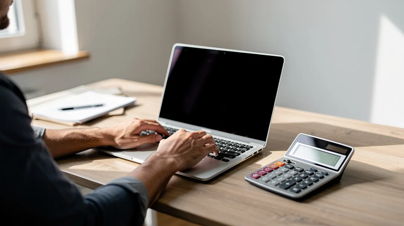 A person is sitting at a desk using a laptop computer, with a calculator placed beside them. This scene suggests they may be engaged in financial tasks, possibly related to applying for a loan or calculating repayment terms.