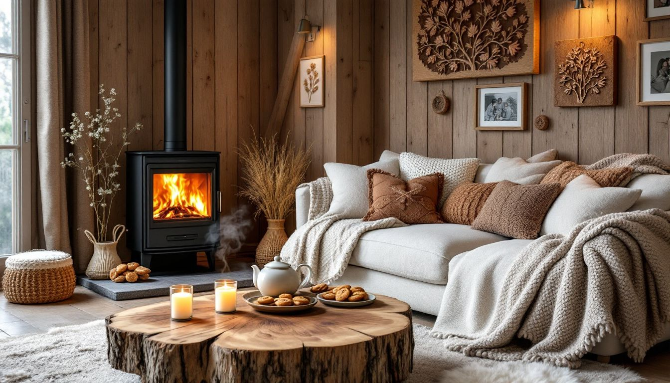 Een sfeervolle woonkamer met een moderne houtkachel die warmte en gezelligheid biedt.