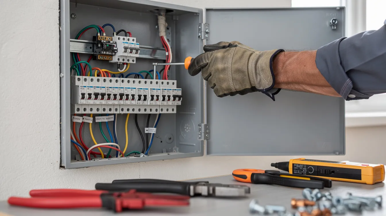 A close-up image shows a contractor's hands skillfully installing a new electrical panel in a residential home, with various tools visible nearby. This scene highlights the technical expertise of electrical contractors as they work to enhance the electrical infrastructure for local customers.