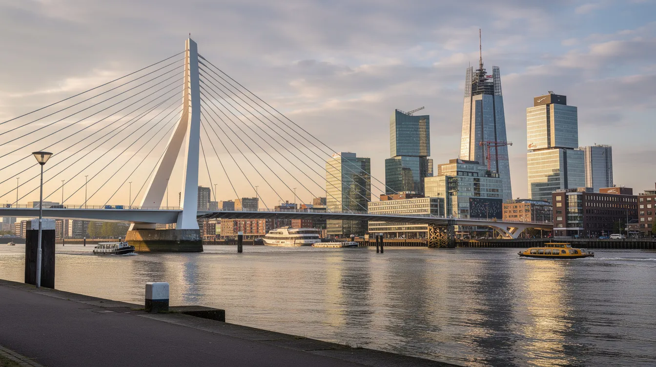 The image showcases the modern skyline of Rotterdam, featuring the iconic Erasmus Bridge spanning the river, with contemporary buildings surrounding it. This vibrant city, located in the Netherlands, is known for its innovative architecture and plays a significant role in Western Europe.