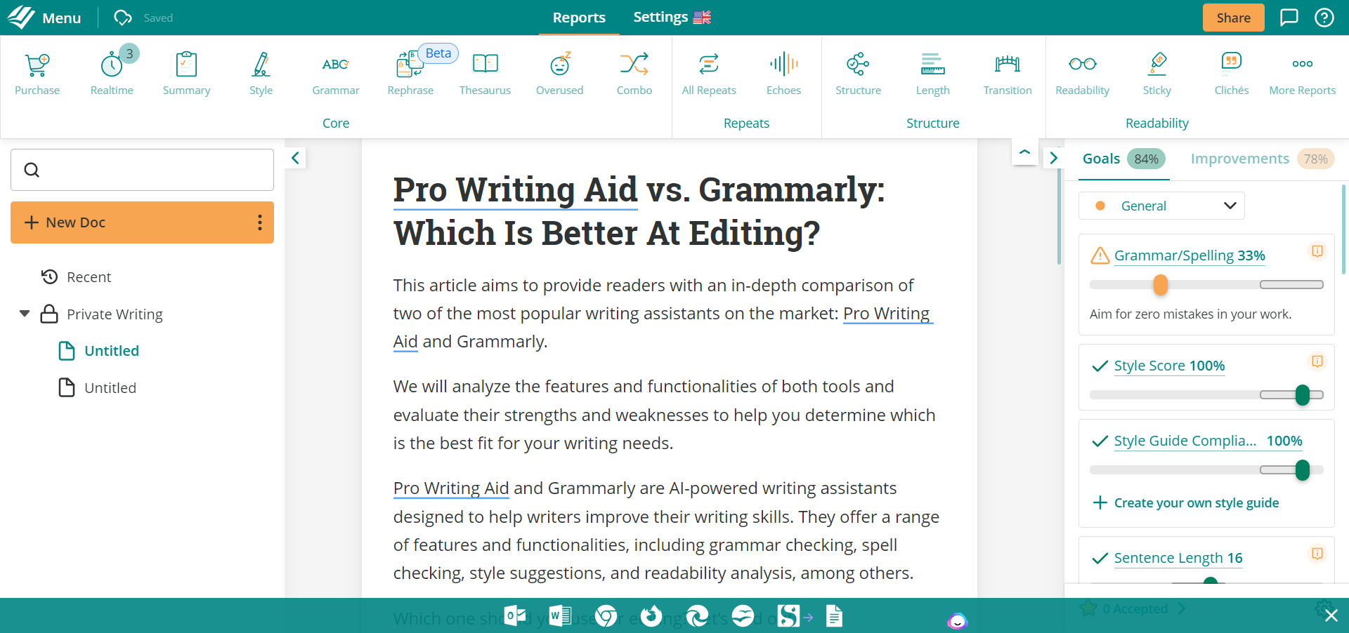 Pro Writing Aid real-time suggestions
