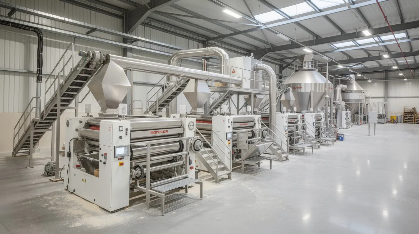 The image depicts industrial flour milling machinery, featuring roller mills and conveyors within a processing facility designed for wheat flour production. This advanced flour mill plant showcases sturdy construction and high production capacity, essential for efficient flour mill business operations.