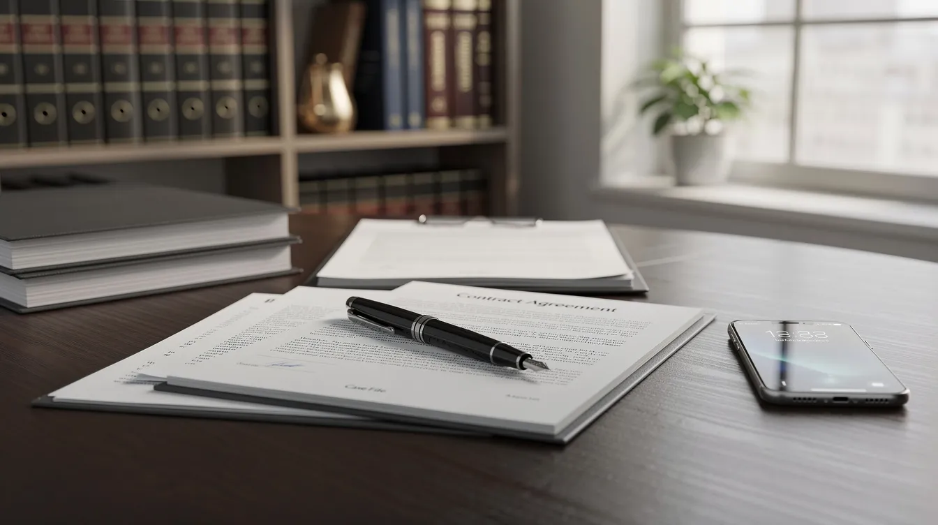 The image depicts a professional attorney's desk in a well-lit office, featuring neatly arranged legal documents, a pen, and a phone, suggesting a focus on rideshare accident cases such as those involving Uber or Lyft. This organized workspace reflects the diligence of a Denver rideshare accident lawyer preparing to assist clients with their legal representation and insurance claims.
